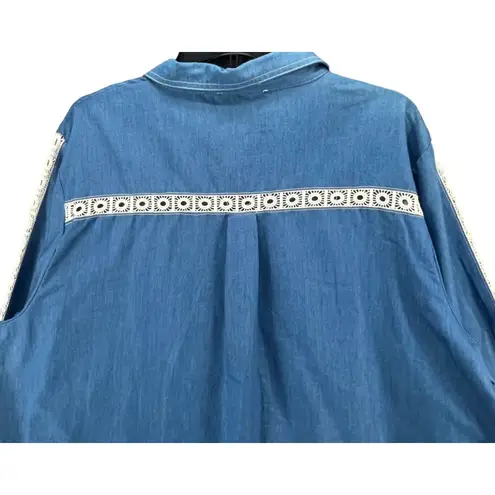 Suzanne Betro Weekend Shirt 3XL Blue Denim Crochet Lace Western Cottage Top