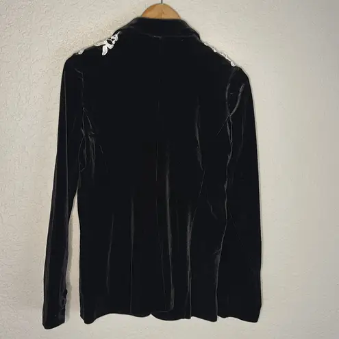 Tahari Black Velvet Blazer White Floral Appliqué 3D Pockets Glam Feminine Medium