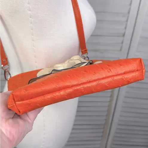 Faux Ostrich Leather Crossbody Purse Orange with Tan Flower