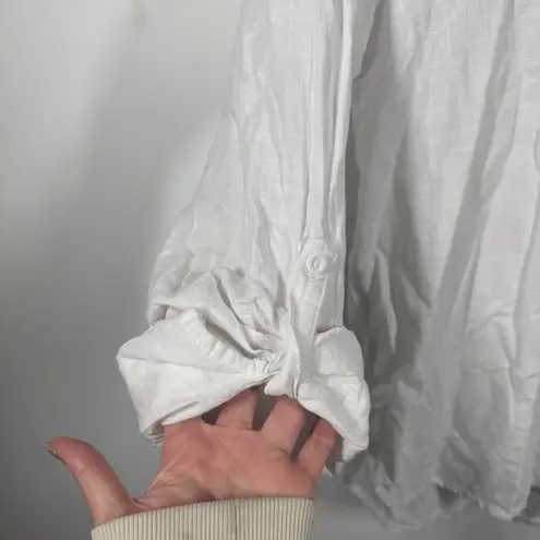 Womens Button Down Top L White Cotton Roll Tab Sleeve Minimal Coastal Grandma Size M