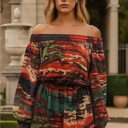 NEW R Cinco Ranch Off Shoulder Abstract Print Elastic Waist Dress S Boho Red