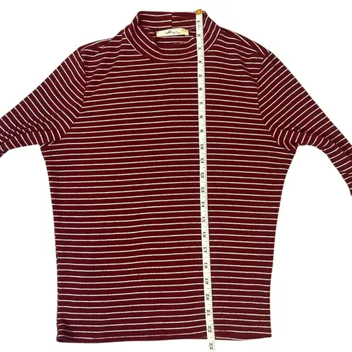 Gaze Maroon White Stripe Mock Neck Long Sleeve Top Retro Grunge Size Small Red
