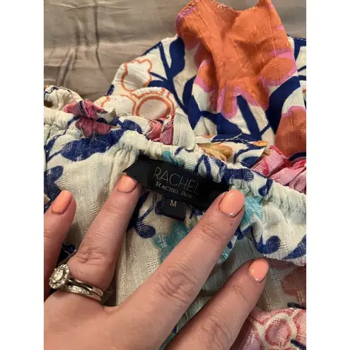 Rachel Roy Top M White Blue Pink Floral One Shoulder Blouse Retro