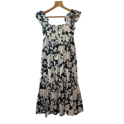 Cara Cara Darby Black White Floral Ruffle Sleeve Tiered Midi Dress Size XS