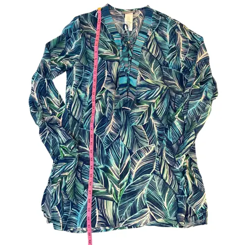 La Blanca Cover Up Tunic Dress Blue Green Palm Leaf Print Womens Medium