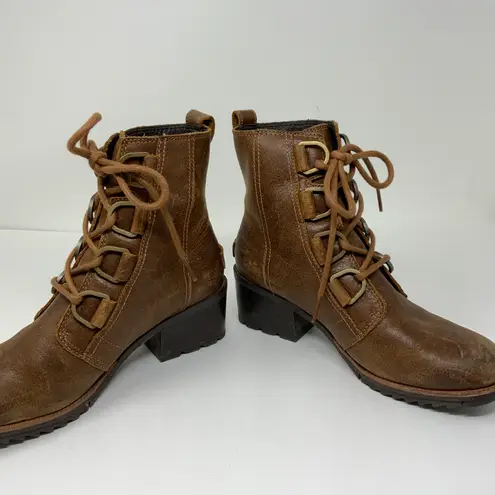 Sorel  Cate Lace Up Genuine Waterproof Leather Chunky Heel Ankle Booties Shoes 6