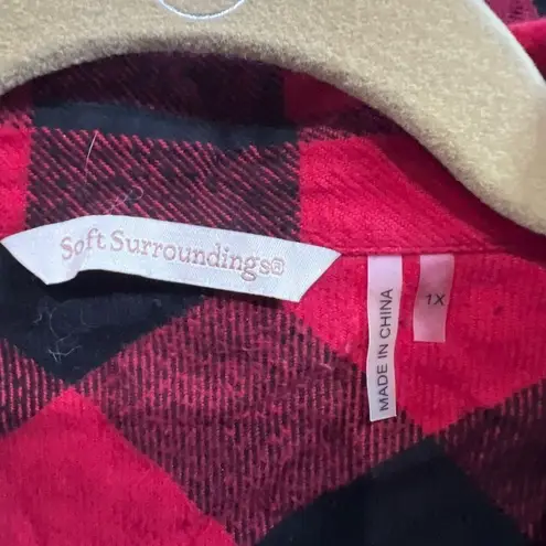 Soft Surroundings Red Black Buffalo Plaid Faux Leather Pocket Detail Button Up T