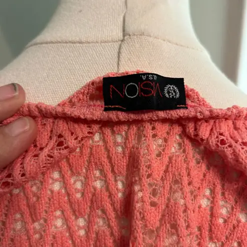 Vision USA Size S Open Crochet Top Bell Sleeves with Trim VTG Peasant Prairie Orange