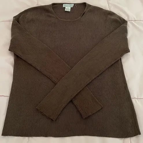 barney's new york brown silk blend ribbed long sleeve crewneck summer top, size M