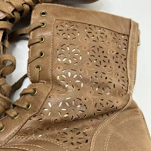 Rampage  padma Brown Lace zip Floral Cutout Combat Boots