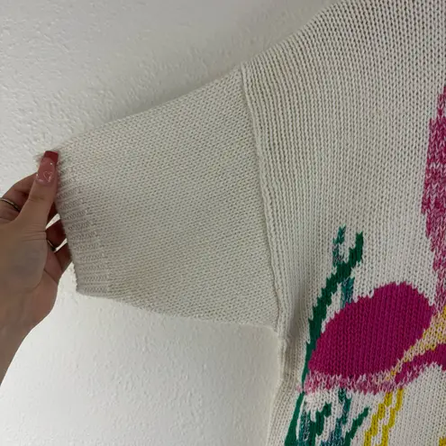 HONORS MISSES Vintage 1980s Retro White Pink Flamingo Short Sleeve Sweater Top Multiple