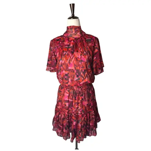 MISA Los Angeles Dress Women XS Red Flora Rosada Floral Saffie Tie Neck Mini