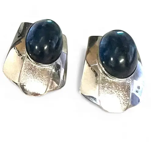 Artisan kyanite pierced earrings set plated sterling silver oval blue cabochon gemstone