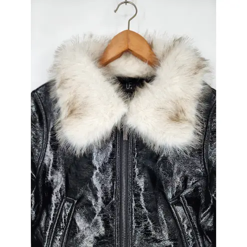 Unreal Fur Black Wet Look Aviator Jacket Faux Leather & Fur Collar Women’s M Size M