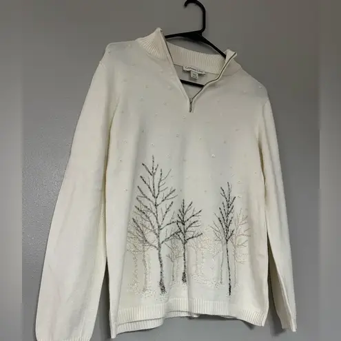 Coldwater Creek Vintage Beautiful Creamy White Beaded Tree Sweater