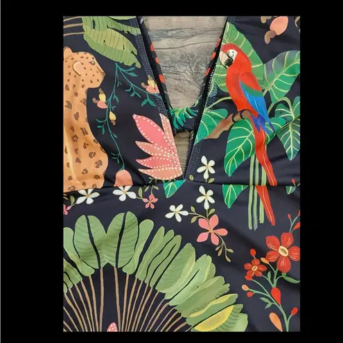 Summer cute safari printed 90's vibe style one piece swimsuit with Self belt tie Green Size M