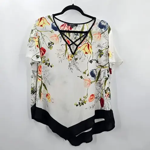 Heart soul  White Floral Asymmetrical Short Sleeve Blouse Top Shirt Plus 1XL