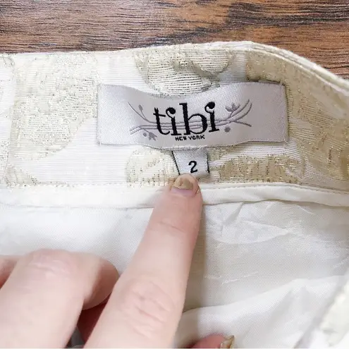 Tibi • gold metallic floral skirt mini rose print cream lamé foil brocade pleat