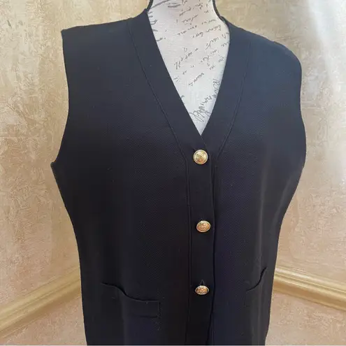 Tahari jacquard knit vest with gold metallic buttons black Sz XL