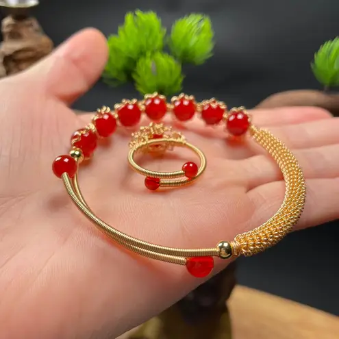 18K Gold Plated Red Agate Jewelry Set,Agate Beaded Charm Bracelet,Agate Ring