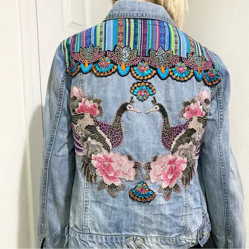 Customized Embroidered Patch Peacock Denim Jean Jacket Size M