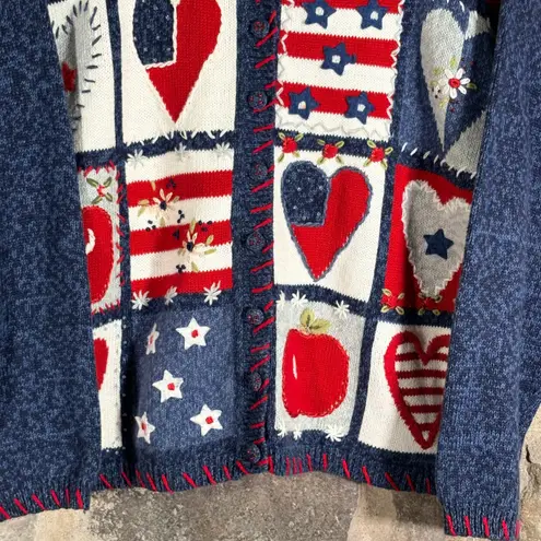VTG Heirloom Collectibles Patriotic Patchwork Cardigan Sweater L Red White Blue Size L