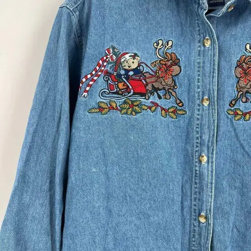 Vintage Christmas denim button down embroidered reindeer shirt Christmas large 1 Blue