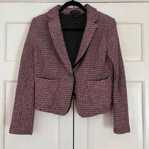 St. John Knit Jacket Navy Blue White Red Black Blazer Cropped Style Size 12 Wool