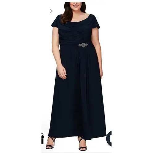 Alex Evenings Cowl Neck Beaded Waist Gown Size 16 Cocktail Formal Wedding Blue