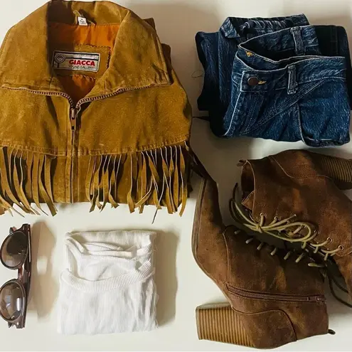 Vintage Giacca Young Gallery Camel Brown Fringe Genuine Leather Jacket GUC Sz M Size M