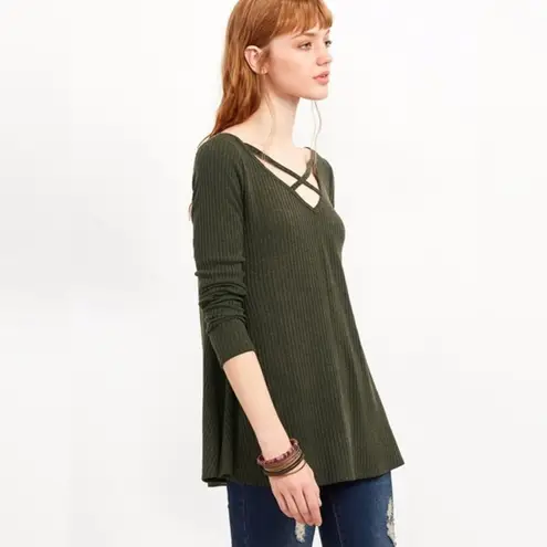 Army Green Crisscross Double V Neck Ribbed T