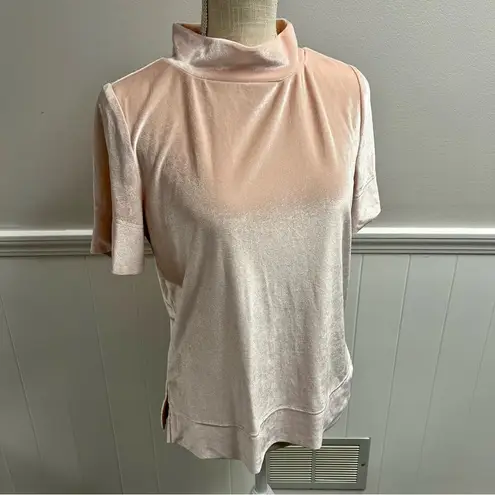 Anthropologie  Krisha Velvet Mock Neck Short Sleeve Light Pink Rose Top Small NWT