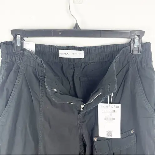 Bershka Black 100% Cotton Low Rise Cargo Pants, Size Large