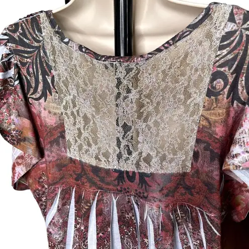 Womens Top Embroidered Bib Lace Back Tie Die Blouse u Size XL Red Boho Elastic Pink