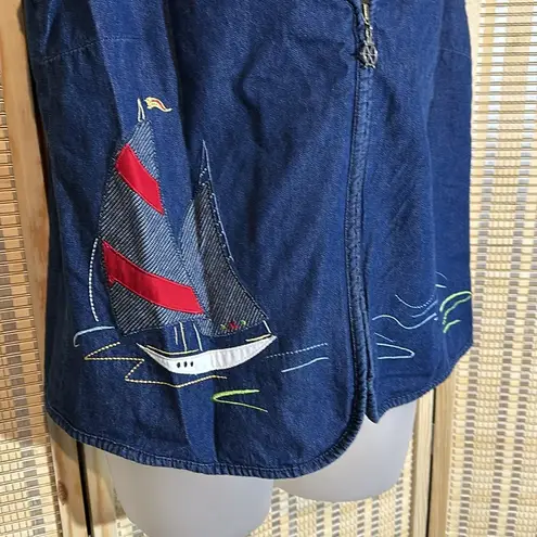 Allison Daley Vintage Nautical Theme Blue Denim Zip Front Vest Sailboat Flag 10P