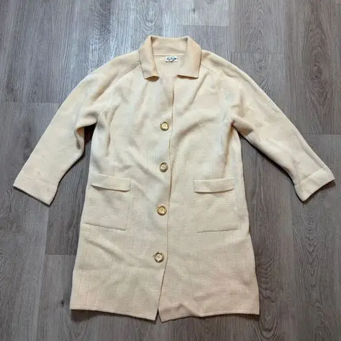 Macy Associates Italian Wool Long Cardigan Coat Cream Gold Button Detail Vintage Size M