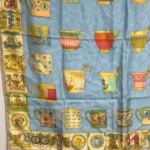 Cherubs and Demitasse Cup Printed Silk Scarf Blue and Gold Square EUC