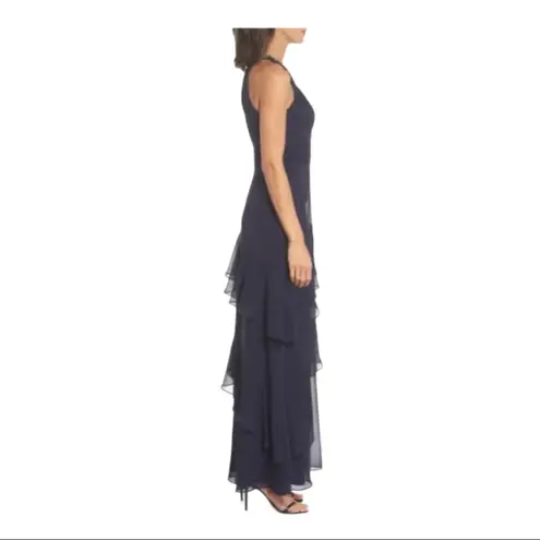 Eliza J Beaded Halter Tiered Chiffon Gown 18 Navy