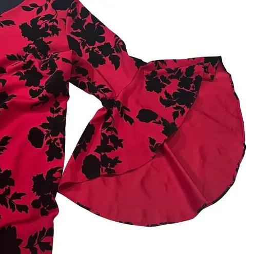 MSK Dress 20W Knee Length Red Black Velvet Floral 3/4 Bell Sleeves