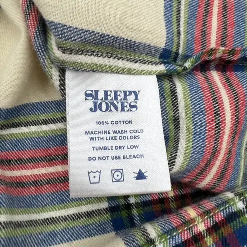 Sleepy Jones Marina Plaid Brushed Cotton Twill Pajama Shirt Top Ivory Red Size XS