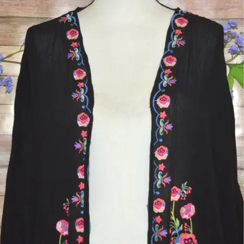 Umgee Womens Black Open Front Floral Embroidered Cardigan Cover Up Size M/L - Image 2