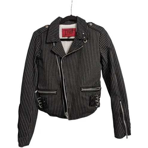 Tripp NYC Black White Striped Asymmetrical Zip Biker Jacket Moto Size M