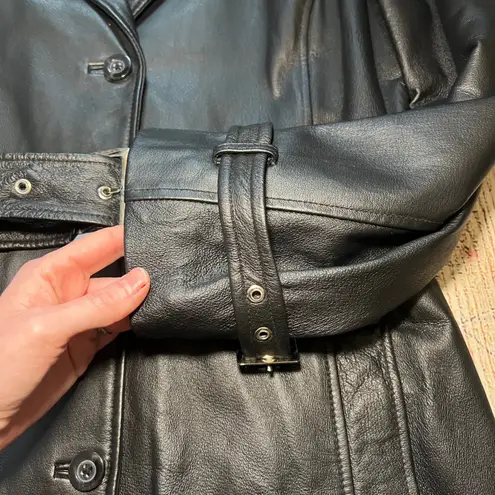 VTG 90s Terry Lewis Classic Luxuries Black Leather Belted Trench Coat Womens M Size M