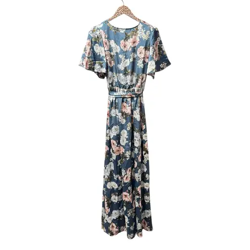 Baltic Born NEW Sicily Satin Short Sleeve Maxi Dress Floral Blue Large L NWT