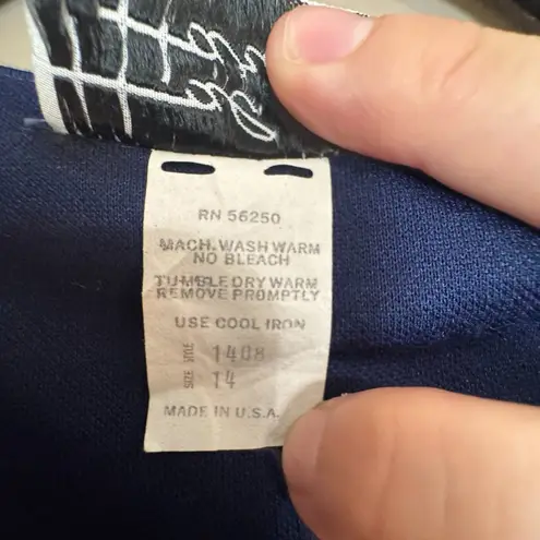 Vintage Hal Hardin Long Sleeve Navy & White Pleated Dress W/ Belt & Gold Buttons Blue Size 14