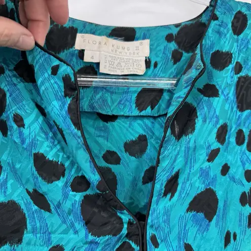 Vintage Flora Kung II New York Silk Shirt Womens 4 Teal Blue Abstract Print