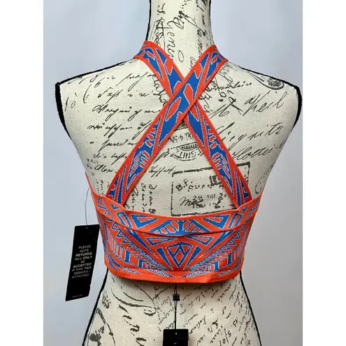 BCBGMAXAZRIA  Katiya Crop Top in an Orange/Blue Geometric Print L