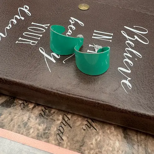 Vintage Green Enamel Half Hoop Earrings 80s 90s Retro Minimalist