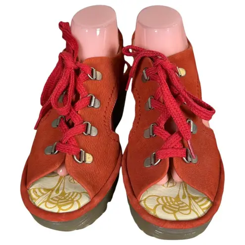 Fly London Ylfa Lace Up Red Leather Open Toe Wedge EU Size 40 US 9.5