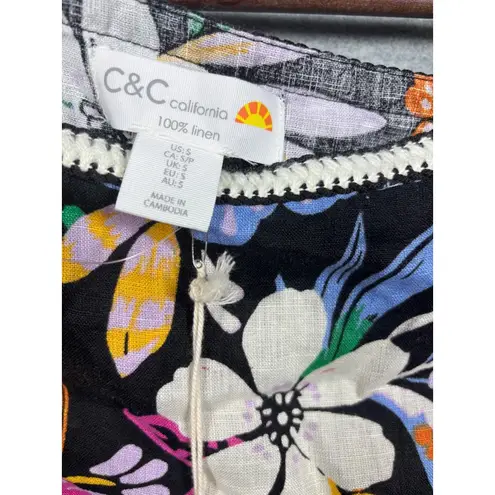 C&C California Womens Top S Floral Black 100% Linen Blouse